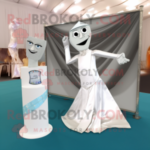 Silver Trapeze Artist mascot costume character dressed with a Wedding Dress and Pocket squares
