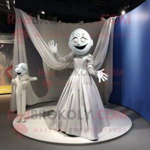 Silver Trapeze Artist mascot costume character dressed with a Wedding Dress and Pocket squares