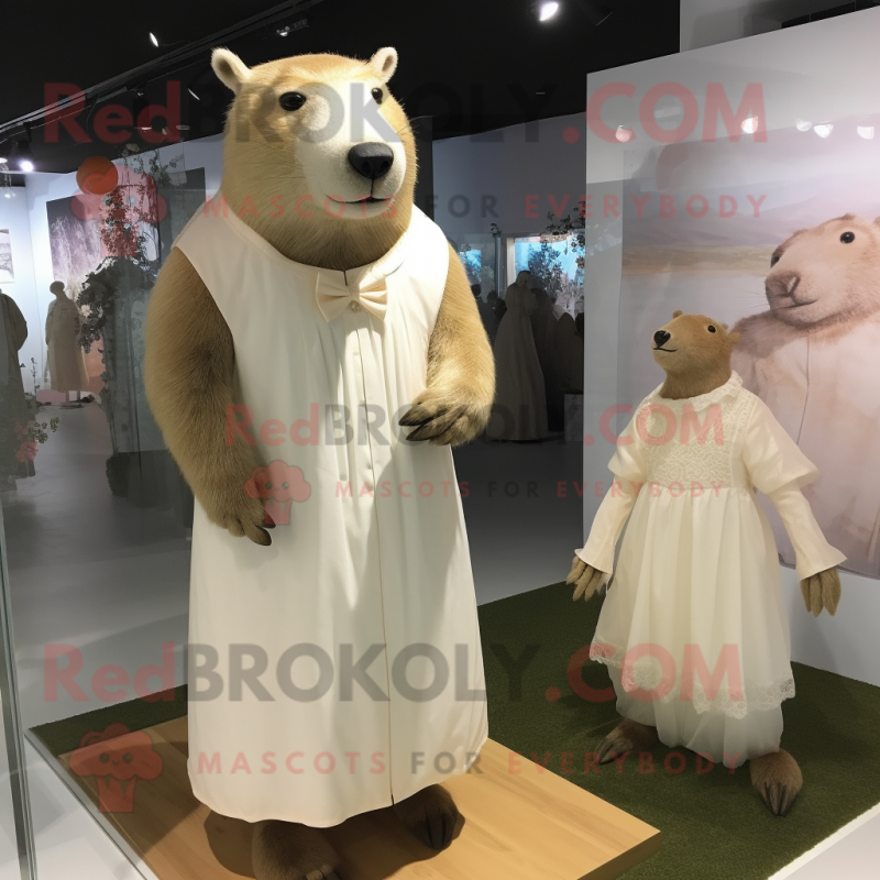 Cream Capybara mascot costume character dressed with a Wedding Dress and Foot pads Cream Capybara mascot costume character dressed with a Wedding Dress and Foot pads