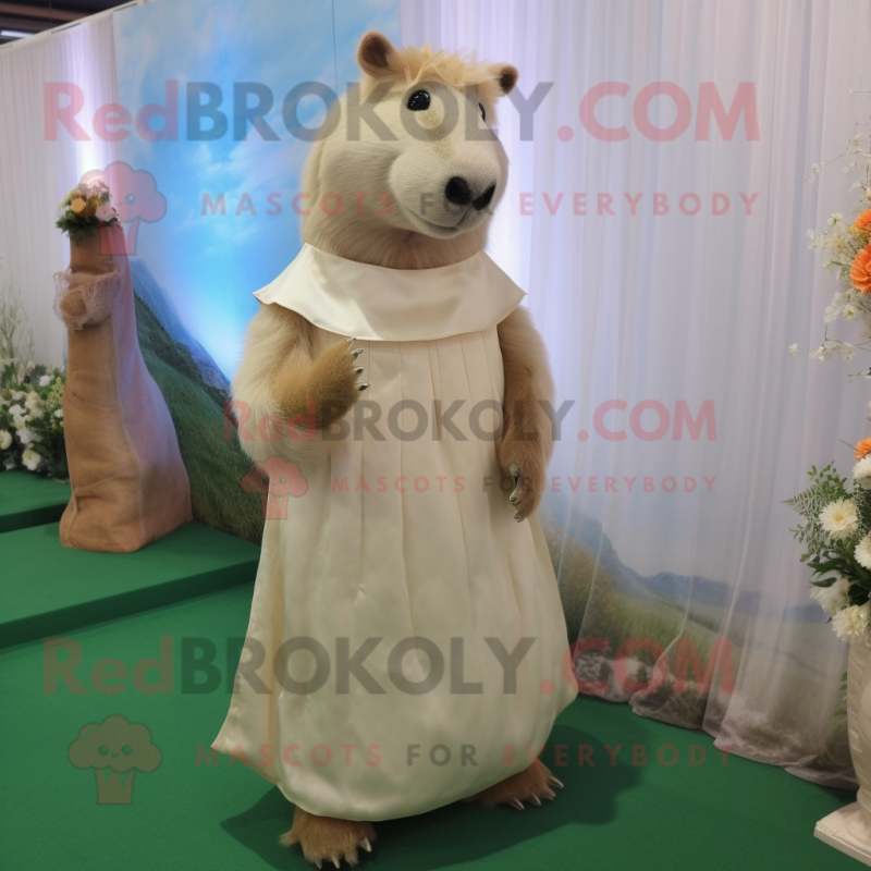 Cream Capybara mascot costume character dressed with a Wedding Dress and Foot pads Cream Capybara mascot costume character dressed with a Wedding Dress and Foot pads