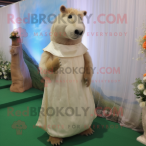 Cream Capybara mascot costume character dressed with a Wedding Dress and Foot pads