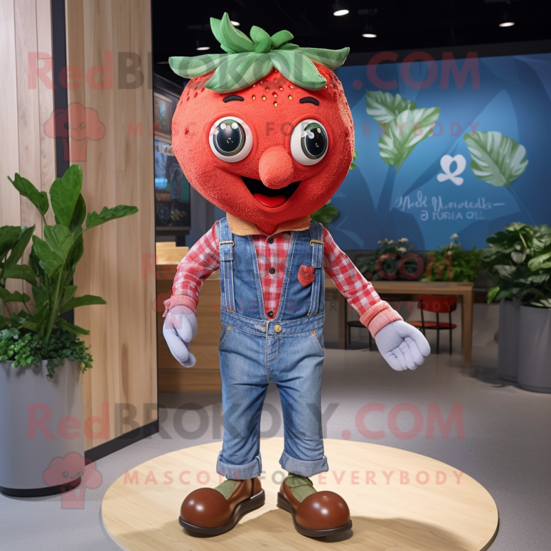Red Strawberry mascot costume character dressed with a Chambray Shirt and Necklaces