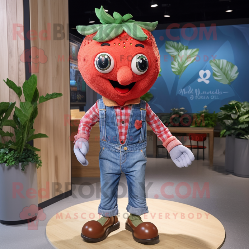 Red Strawberry mascot costume character dressed with a Chambray Shirt and Necklaces Red Strawberry mascot costume character dressed with a Chambray Shirt and Necklaces