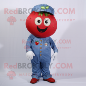 Red Strawberry mascot costume character dressed with a Chambray Shirt and Necklaces