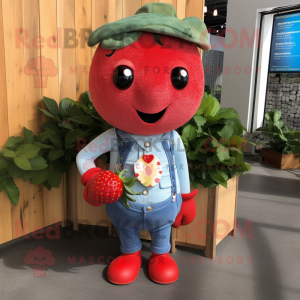 Red Strawberry mascot costume character dressed with a Chambray Shirt and Necklaces