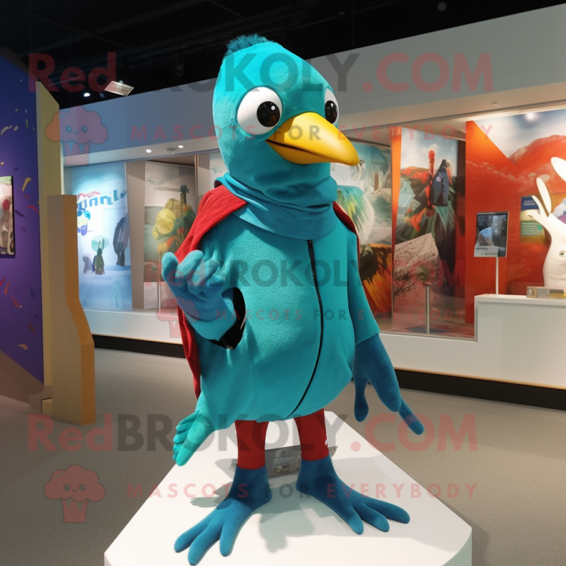 Turquoise Woodpecker mascot costume character dressed with a Hoodie and Lapel pins