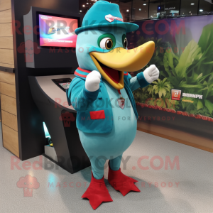 Turquoise Woodpecker mascot costume character dressed with a Hoodie and Lapel pins