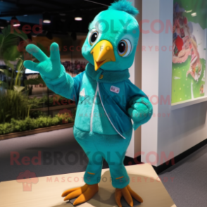 Turquoise Woodpecker mascot costume character dressed with a Hoodie and Lapel pins