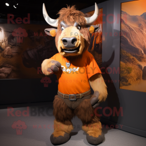 Rust Buffalo mascot costume character dressed with a T-Shirt and Bracelets