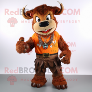 Rust Buffalo mascot costume character dressed with a T-Shirt and Bracelets