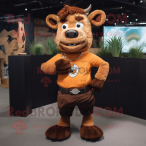 Rust Buffalo mascot costume character dressed with a T-Shirt and Bracelets