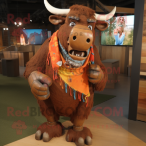 Rust Buffalo mascot costume character dressed with a T-Shirt and Bracelets