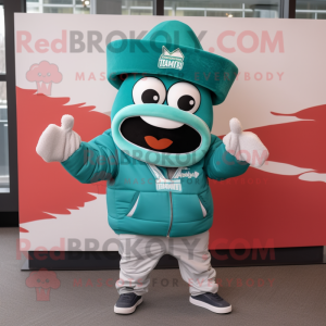 Teal Enchiladas mascot costume character dressed with a Windbreaker and Beanies