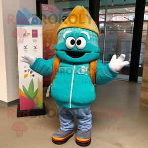 Teal Enchiladas mascot costume character dressed with a Windbreaker and Beanies