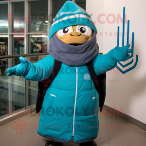 Teal Enchiladas mascot costume character dressed with a Windbreaker and Beanies