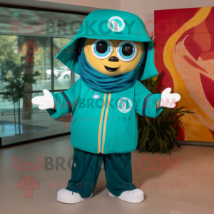 Teal Enchiladas mascot costume character dressed with a Windbreaker and Beanies