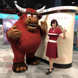 Maroon Minotaur mascot costume character dressed with a Pencil Skirt and Watches