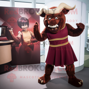 Maroon Minotaur mascot costume character dressed with a Pencil Skirt and Watches