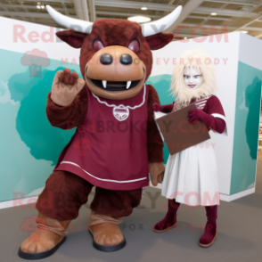 Maroon Minotaur mascot costume character dressed with a Pencil Skirt and Watches