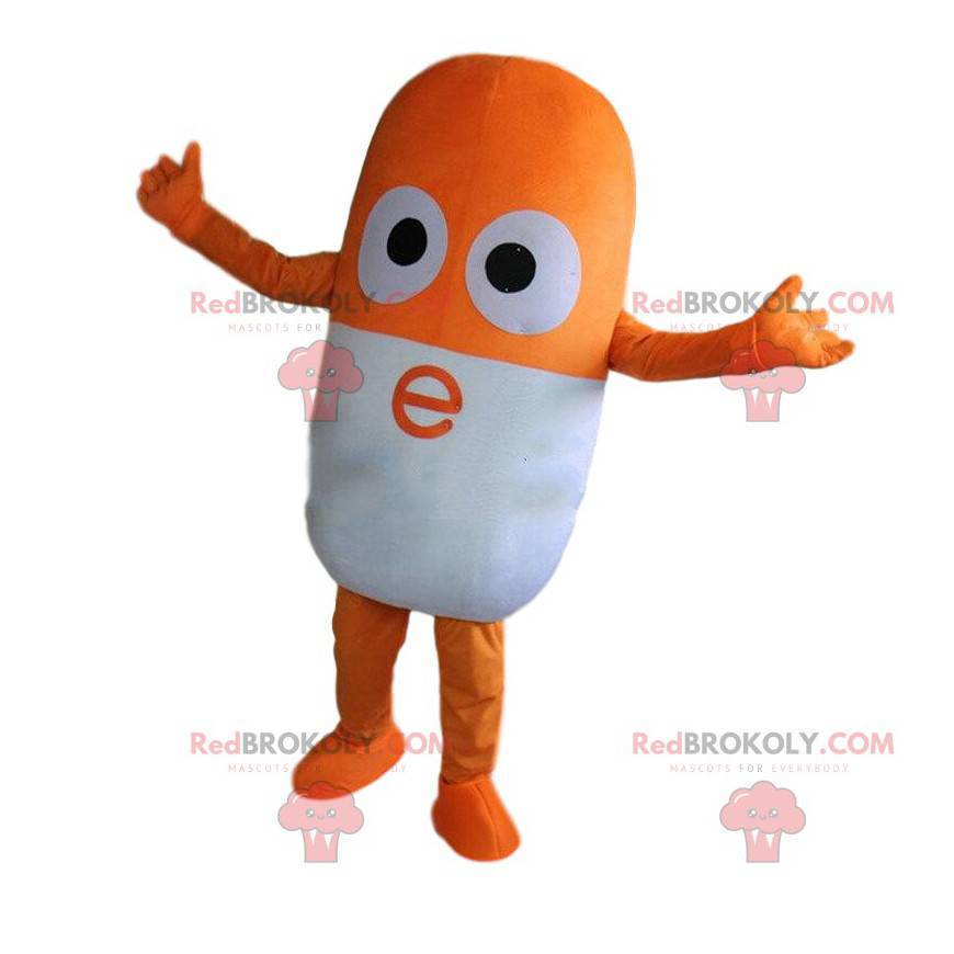 Mascotte de pilule orange et blanche, costume de médicament