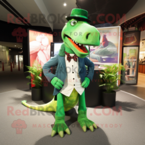 Green Spinosaurus mascot costume character dressed with a Suit Pants and Scarves