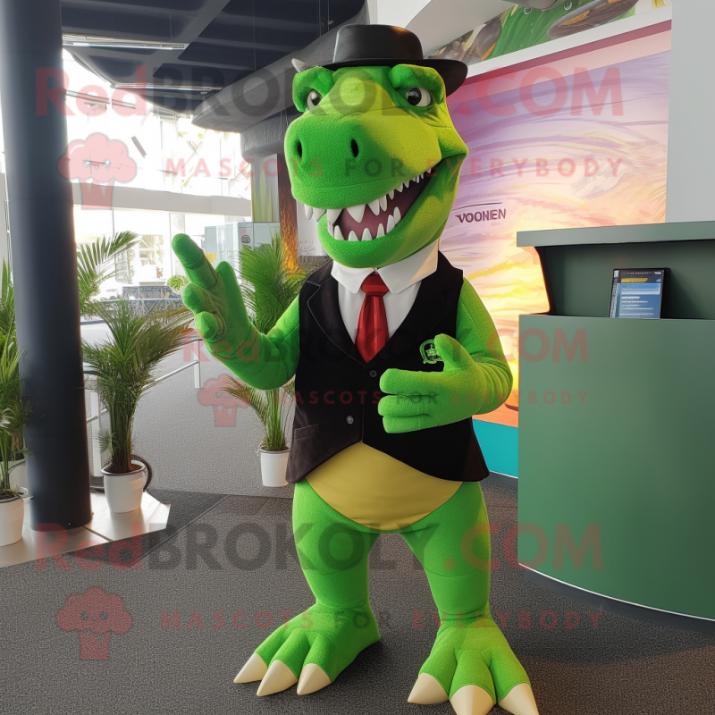 Green Spinosaurus mascot costume character dressed with a Suit Pants and Scarves Green Spinosaurus mascot costume character dressed with a Suit Pants and Scarves