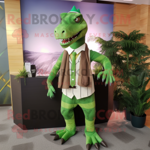 Green Spinosaurus mascot costume character dressed with a Suit Pants and Scarves