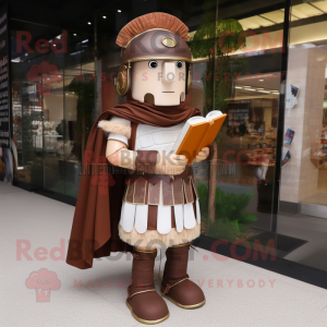 Brown Roman Soldier mascot costume character dressed with a Wedding Dress and Reading glasses