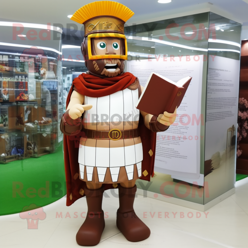 Brown Roman Soldier mascot costume character dressed with a Wedding Dress and Reading glasses