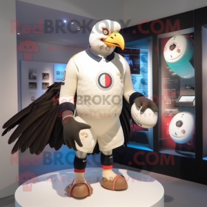 Cream Pigeon mascot costume character dressed with a Rugby Shirt and Rings