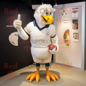 Cream Pigeon mascot costume character dressed with a Rugby Shirt and Rings