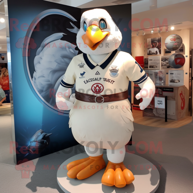 Cream Pigeon mascot costume character dressed with a Rugby Shirt and Rings