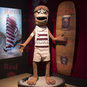 Maroon Mummy mascot costume character dressed with a Board Shorts and Lapel pins