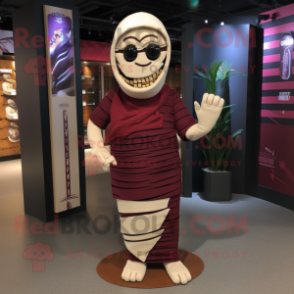 Maroon Mummy mascot costume character dressed with a Board Shorts and Lapel pins