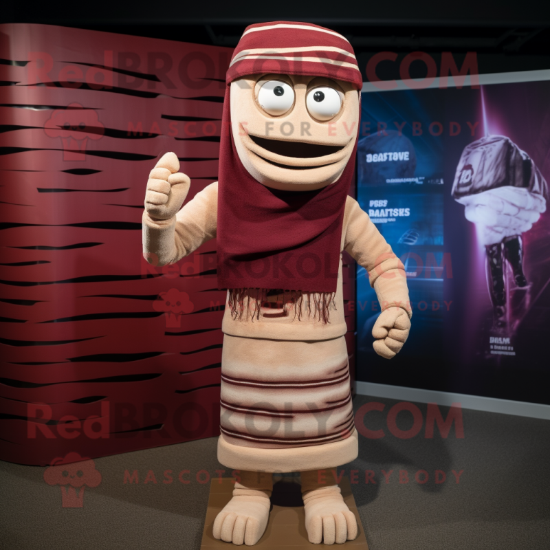 Maroon Mummy mascot costume character dressed with a Board Shorts and Lapel pins