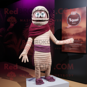 Maroon Mummy mascot costume character dressed with a Board Shorts and Lapel pins