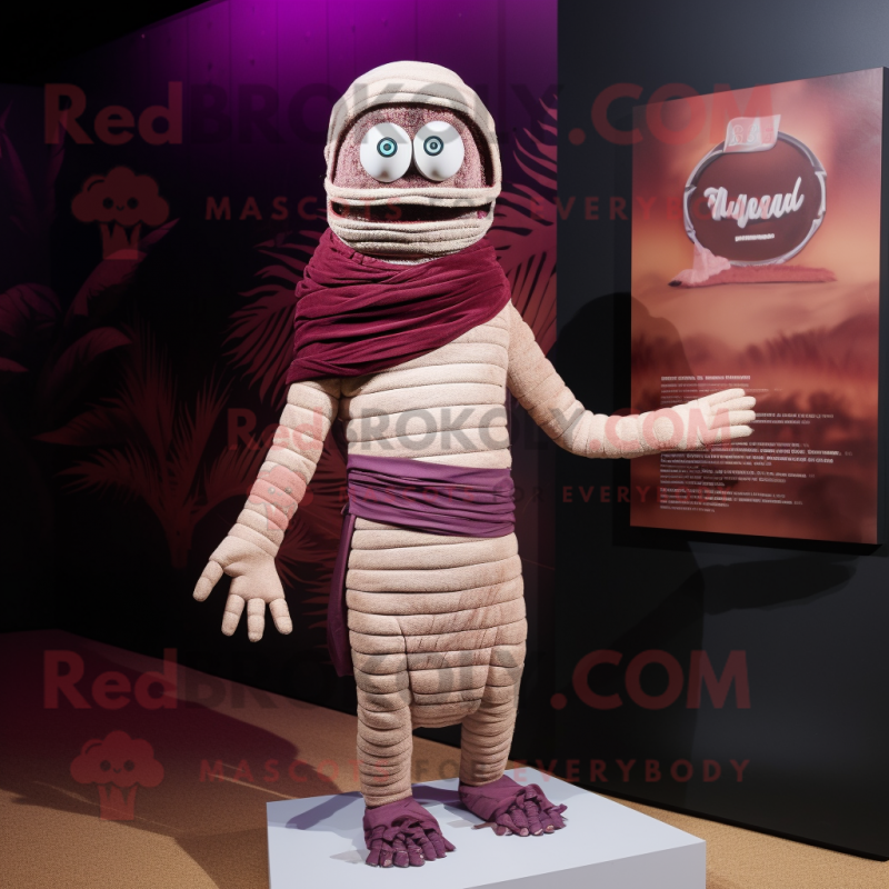 Maroon Mummy mascot costume character dressed with a Board Shorts and Lapel pins Maroon Mummy mascot costume character dressed with a Board Shorts and Lapel pins