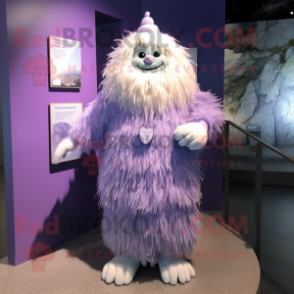Lavender Yeti mascot costume character dressed with a Pleated Skirt and Hairpins