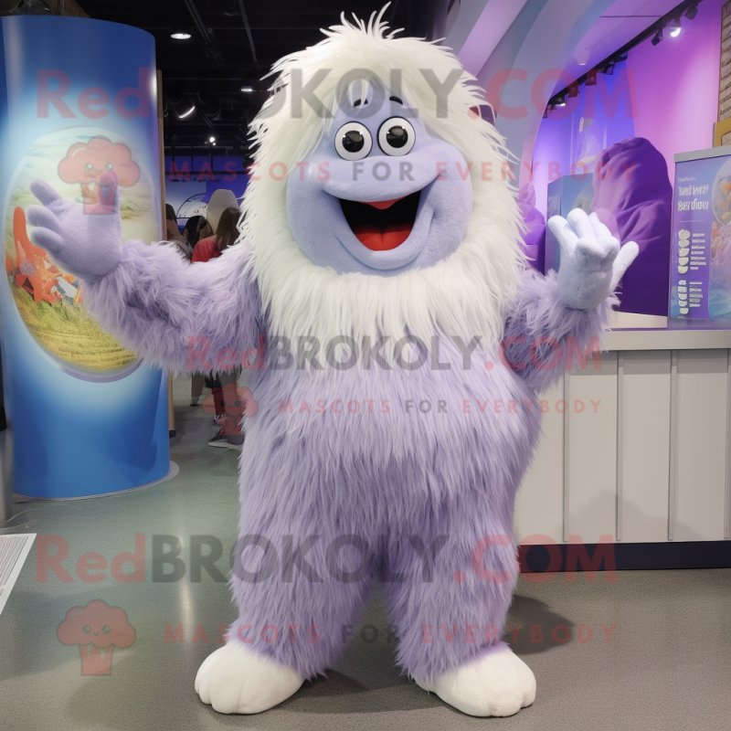 Lavender Yeti mascot costume character dressed with a Pleated Skirt and Hairpins Lavender Yeti mascot costume character dressed with a Pleated Skirt and Hairpins