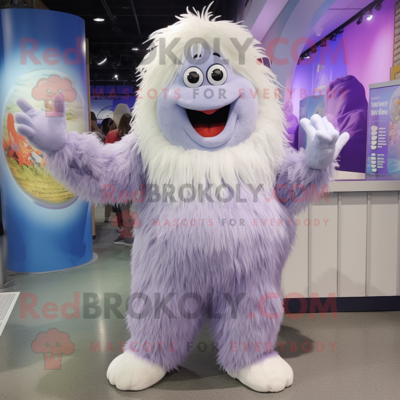 Lavender Yeti mascot costume character dressed with a Pleated Skirt and Hairpins