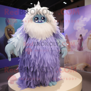 Lavender Yeti mascot costume character dressed with a Pleated Skirt and Hairpins
