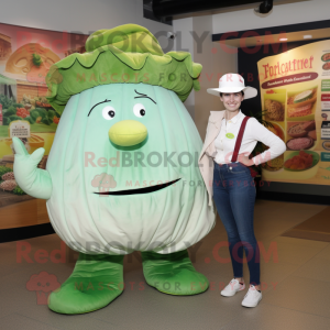 Cyan Corned Beef And Cabbage mascot costume character dressed with a Mom Jeans and Hat pins