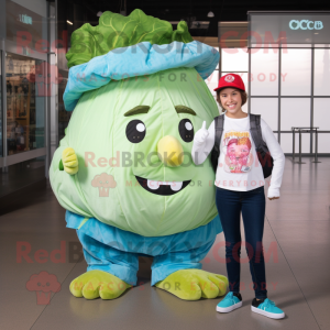 Cyan Corned Beef And Cabbage mascot costume character dressed with a Mom Jeans and Hat pins