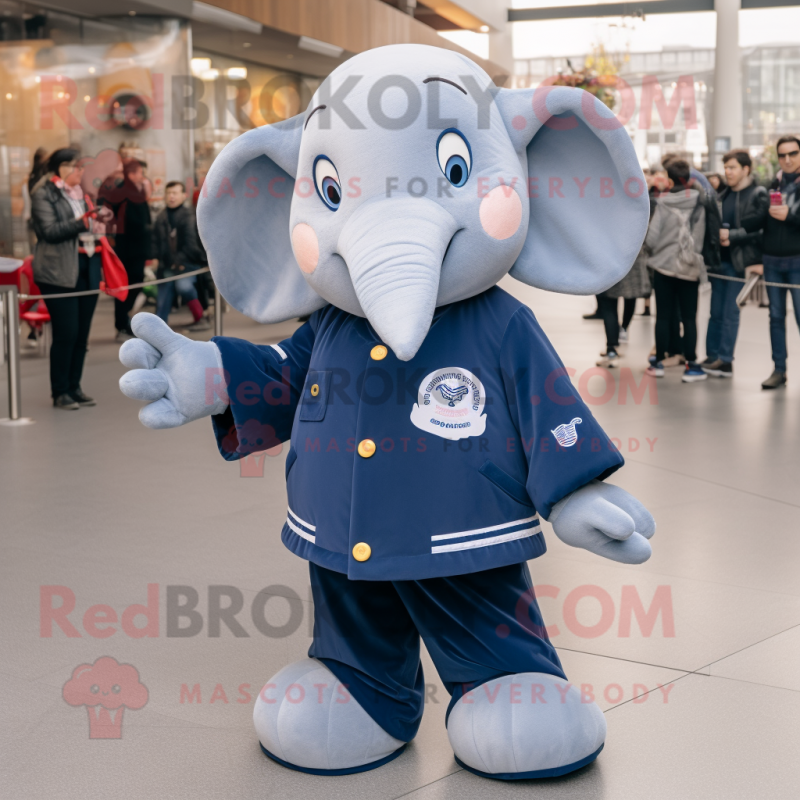 Navy Elephant mascot costume character dressed with a Sweatshirt and Coin purses