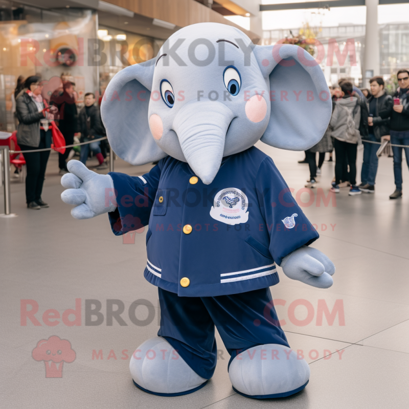 Navy Elephant mascot costume character dressed with a Sweatshirt and Coin purses Navy Elephant mascot costume character dressed with a Sweatshirt and Coin purses