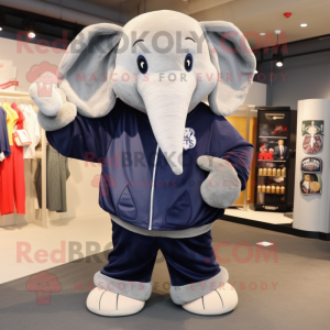 Navy Elephant mascot costume character dressed with a Sweatshirt and Coin purses