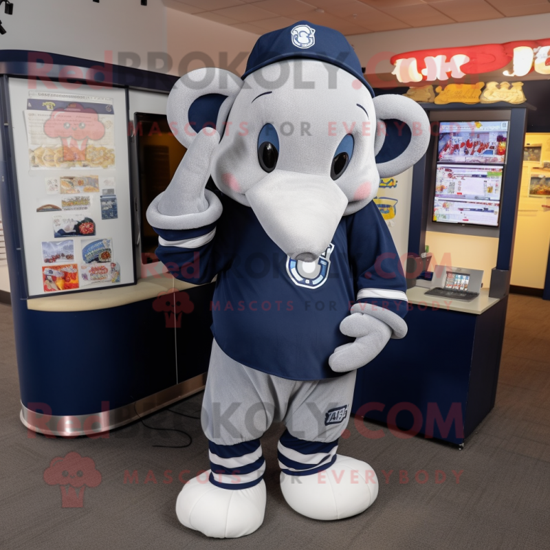 Navy Elephant mascot costume character dressed with a Sweatshirt and Coin purses