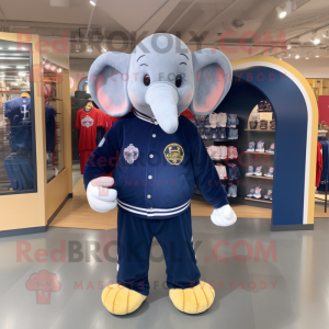 Navy Elephant mascot costume character dressed with a Sweatshirt and Coin purses