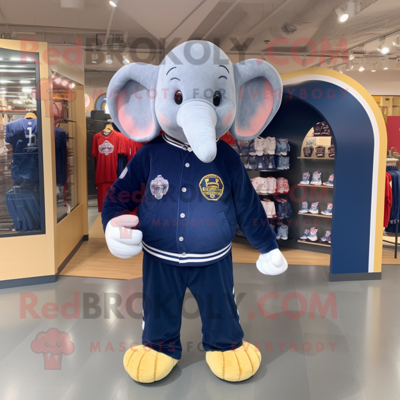 Navy Elephant mascot costume character dressed with a Sweatshirt and Coin purses Navy Elephant mascot costume character dressed with a Sweatshirt and Coin purses