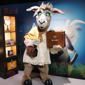 Tan Goat mascot costume character dressed with a Cover-up and Wallets